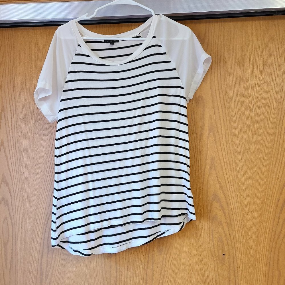 Basic Striped Short-Sleeve Tee with Transparent Shoulder